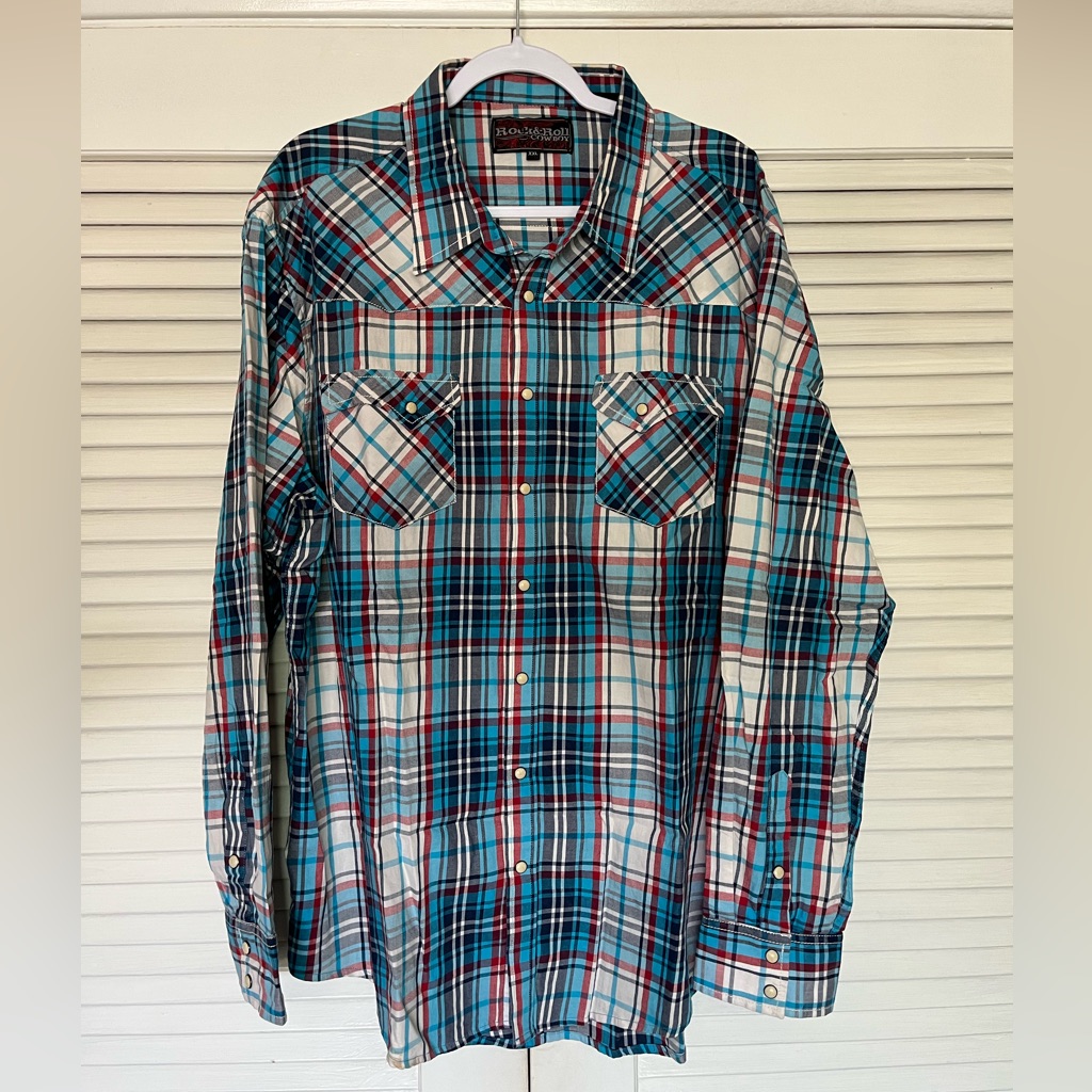 Rock & Roll Cowboy Men's Plaid Pearl Snap Button-Up Shirt - Blue And Red Xxl